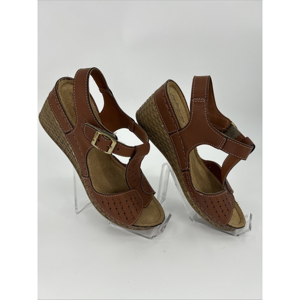 Flexus by Spring Step Womens Brown Leather Wedge Sandals T-Strap Size 9 Anatomic